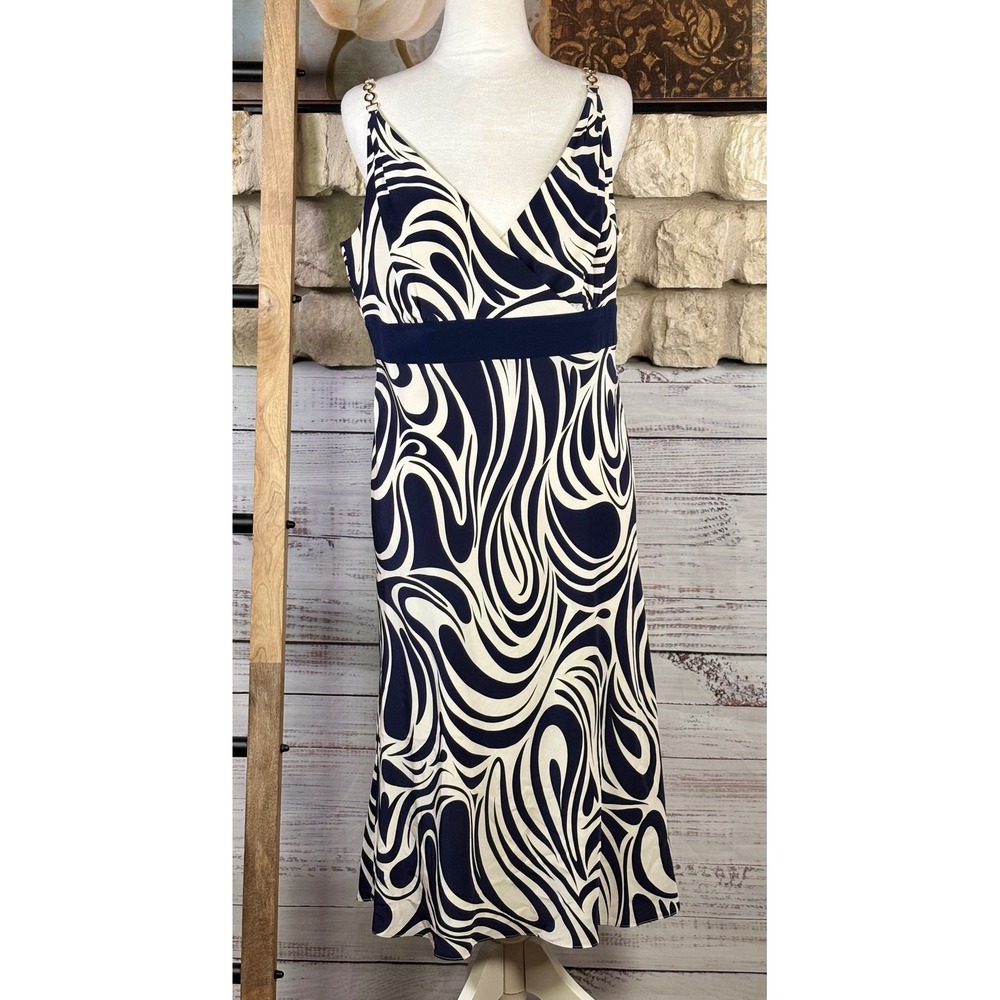 Ann Taylor Silk Abstract Swirl Midi Dress‎ Navy Ivory Chain Strap Size 10